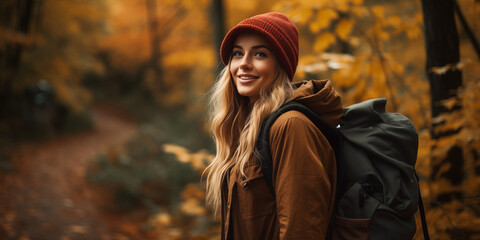 Canvas Print - Young woman in hat and autumn fall outfit hiking at the forest fashionable clothes, place for text, banner ratio