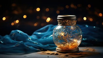 Burning candle in a glass jar on a blue background with bokeh