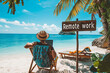 Remote work concept image with a man working from the beach on his laptop computer and sign with written words remote work