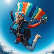 Positive Happy Girl Small Parachutist In Free Fall Blue Sky. Ai Generative
