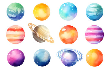 Sticker - Hand drawn colorful watercolor space set of planet