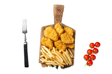 Wall Mural - Chicken nuggets with ketchup and French fries on wooden board.  Transparent background. Isolated.