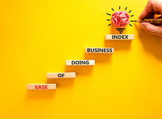 Ease of doing business index symbol. Concept words Ease of doing business index on wooden blocks. Beautiful yellow table yellow background. Business, ease of doing business index concept. Copy space.