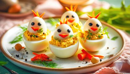 Wall Mural - Funny deviled egg chicks for Easter.