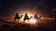 Three wise men on camels: nativity scene with star of bethlehem, christian christmas concept – birth of jesus, salvation, messiah, emmanuel, god with us, night background

