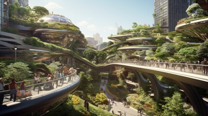 Poster - A visionary urban landscape integrating vertical gardens, renewable energy hubs, and transparent structures, embodying sustainability and futuristic living. Generative AI