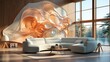 Modern living room interior with large sectional sofa and unique wall sculpture