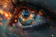 Human eye in double exposure with star nebula, extreme close up. Concepts: artistic illustrative material for an ophthalmology clinic, vision correction, contact lenses