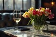 Afternoon Wine Reflections with a Tulip Bouquet.
A reflective afternoon moment with a glass of wine and a bouquet of colourful tulips.