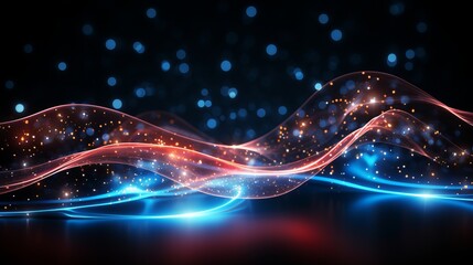 Poster - Pink and blue neon wave lines on abstract background with bokeh lightsData transfer concept.