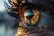 Human eye in double exposure with star nebula, extreme close up. Concepts: artistic illustrative material for an ophthalmology clinic, vision correction, contact lenses