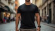 Close up male man upper body in black t-shirt mockup on the blurred street