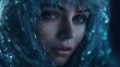 A close-up portrait of the snow queen. Female model with wig made of ice or icicles. Illustration for cover, card, postcard, interior design, banner, poster, brochure or presentation.