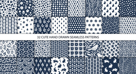 Wall Mural - 32 cute doodle seamless patterns. hand drawn seamless pattern with flowers leaves birds and symbols