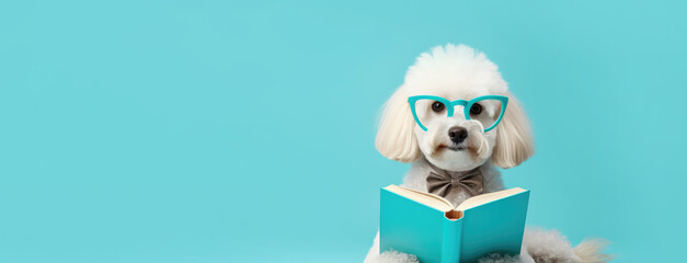 Wall Mural - Dog with glasses reads a book on a turquoise background with space for text. Banner, copyspace