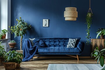 Wall Mural - Interior of cozy modern living room with sofa against blank, dark blue wall.