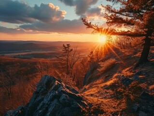 Sticker - Wide-angle shot of the sun setting on the first day of spring, casting warm, golden hues across the landscape.