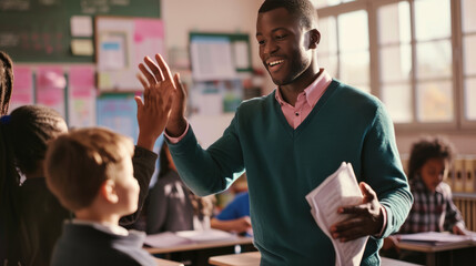 Wall Mural - сheerful teacher engaging with young students in a classroom, raising her hand likely to signal atte