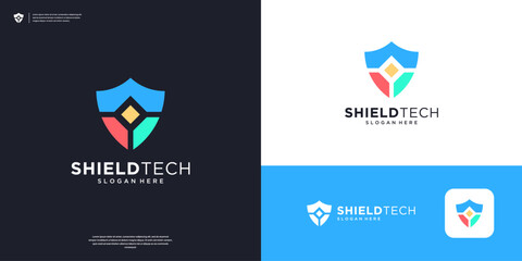 Poster - Colorful shield logo design template. Security symbol for modern technology