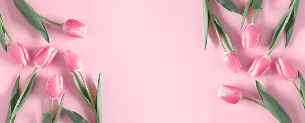 Wall Mural - flowers pink composition. flowers pink tulips on pastel pink background. wedding. birthday. happy wo