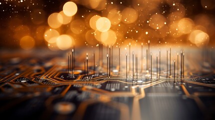 Wall Mural - Close up of glowing computer chip with intricate circuitry and dreamy bokeh background