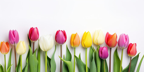  Multicolored tulips on white background. International Women's Day and Valentine's Day