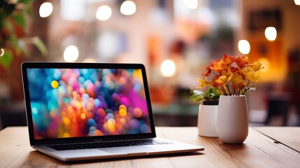 Fototapete - Sleek modern laptop resting on desk with vibrant bokeh background and abstract shapes and colors