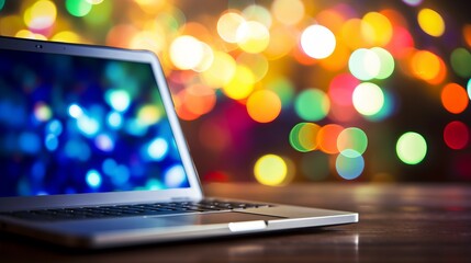 Fototapete - Sleek laptop on desk with vibrant bokeh background of abstract shapes and colorful patterns