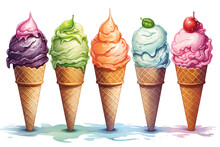 Illustration Of An Ice Cream Set. Different Types And Tastes Of Cold Desserts Cups Cones Soft Serve Bars Sticks Popsicles Frozen Juice In Waffles And On Sticks. Vintage Hand-drawn Style Generative Ai