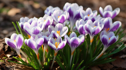 Canvas Print - Purple and white crocuses with bright orange stigmas blooming amidst fallen leaves, capturing the essence of spring.