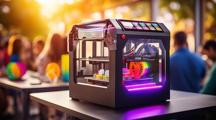Poster - 3d printer in action with blurred bokeh background, highlighting intricate object details