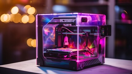 Poster - 3d printer crafting complex object with bokeh background, showcasing intricate details
