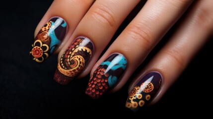 Wall Mural - manicure: long nails in the shape of a stiletto in colorful octopus pattern 