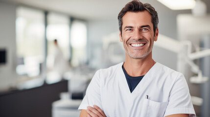 Poster - Cheerful dentist man wearing a lab coat standing in a dental clinic with a dental chair and equipment in the background.