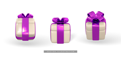 Wall Mural - 3d gift box with purple bow. Plastic box with shadow isolated on light background. Vector illustration