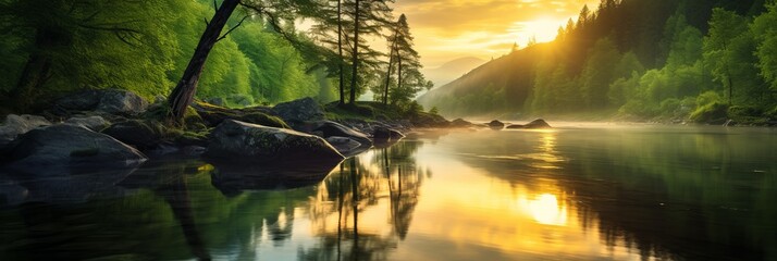 Canvas Print - Tranquil scene of a panoramic landscape with sunset and sky over idyllic lake and river with reflection