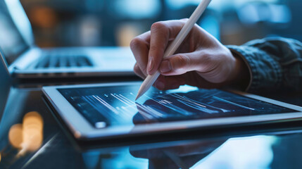 Sticker - Close-up of hands using a digital tablet with a stylus pen, with a blurred background