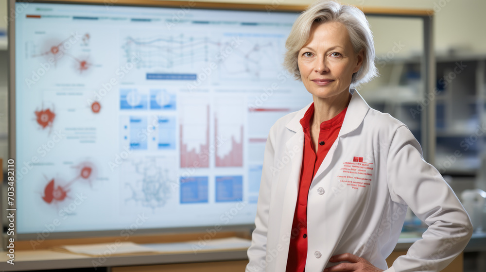 Senior medical professional with white hair, wearing a lab coat ...