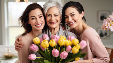 Three generations of women a young woman, her mother, and her grandmother are smiling and embracing, each holding a bouquet of tulips, symbolizing family and affection.