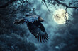 A golden eagle is captured in mid-flight against the backdrop of a moonlit night