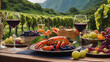 decadent table with grapes, lobster, food canopy, tropical background, affluent spread, posh food