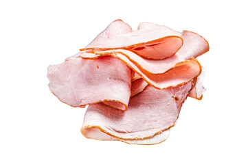 Wall Mural - Pork ham slices on cutting board, Italian Prosciutto cotto.  Transparent background. Isolated.