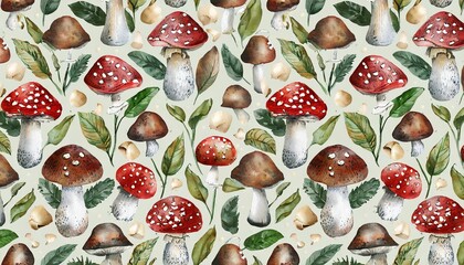 Wall Mural - mushrooms hand painted seamless pattern raster image