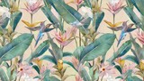 Fototapeta Kwiaty - wallpaper mural with hummingbirds banana leaves in pastel colors paradise bird flowers seamless pattern tropical background premium texture luxury hand painted 3d illustration watercolor art
