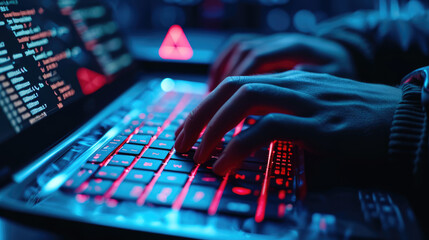 Canvas Print - Close-up of a person's hands typing on a backlit laptop keyboard with a screen displaying what appears to be a warning or error message