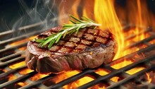 beef steak grilled on bbq with flames generated by ai