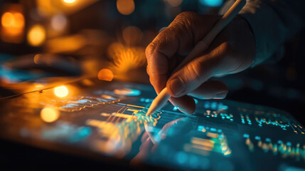 Close-up of hands using a digital tablet with a stylus pen, with a blurred background