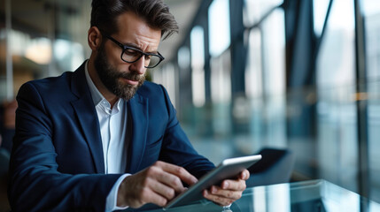 Canvas Print - Focused man in a suit and tie, holding and looking intently at a tablet, sitting at a glass table in a modern office setting