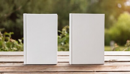 two white books mockup with textured hardcover on wooden table outdoors