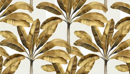 Wall Mural - tropical seamless pattern with stylized banana trees golden leaves hand drawn vintage 3d illustration glamorous exotic abstract background design good for luxury wallpapers cloth fabric printing